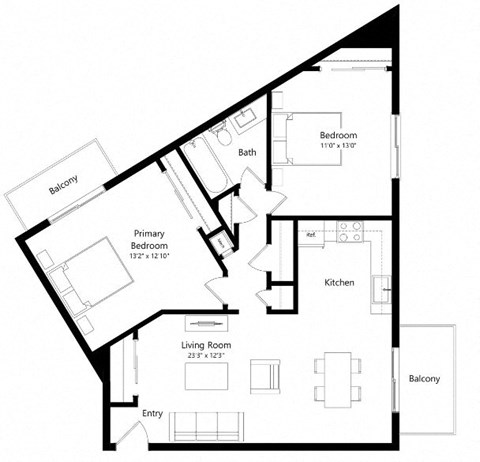 Floor plan for 2 beds, 1 bath, 892 sqft